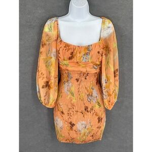 Seffie Leslie Mini Dress‎ Sz S Milkmaid Floral Print Smocked Coquette Boho